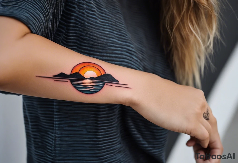 This is an extremely simple and minimalistic tattoo on forearm horizontally. The tattoo is very wide on the forearm and not tall. From the perspective of being on the ocean, Water is calm, with no waves in sight, the sun is setting behind the ocean, reflecting light onto the ocean. tattoo idea