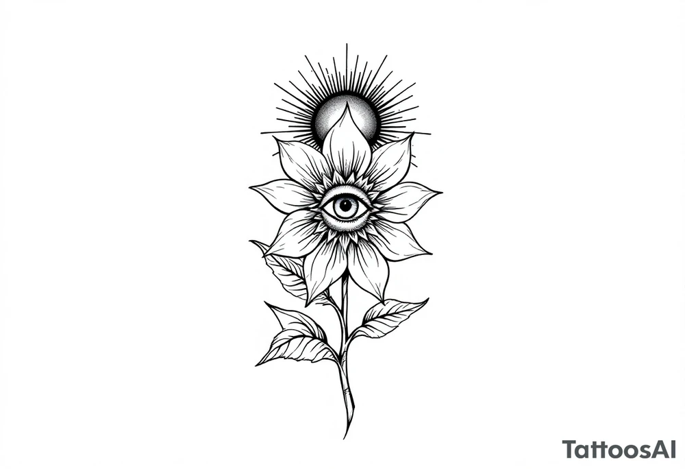 A long flower with leaves and with the centre being an eye and around the petals having black sunrays tattoo idea