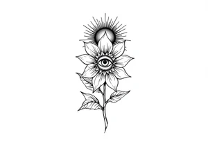 A long flower with leaves and with the centre being an eye and around the petals having black sunrays tattoo idea