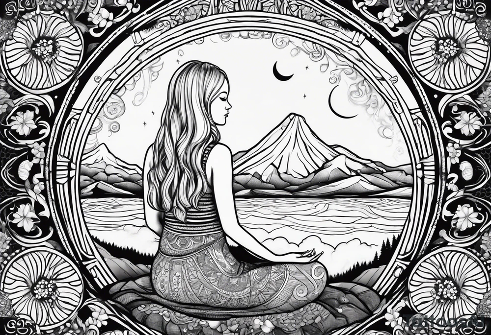 Straight blonde hair girl meditating facing away toward mountains surrounded by mushrooms crescent moon mandala circular design black and white striped dress tattoo idea