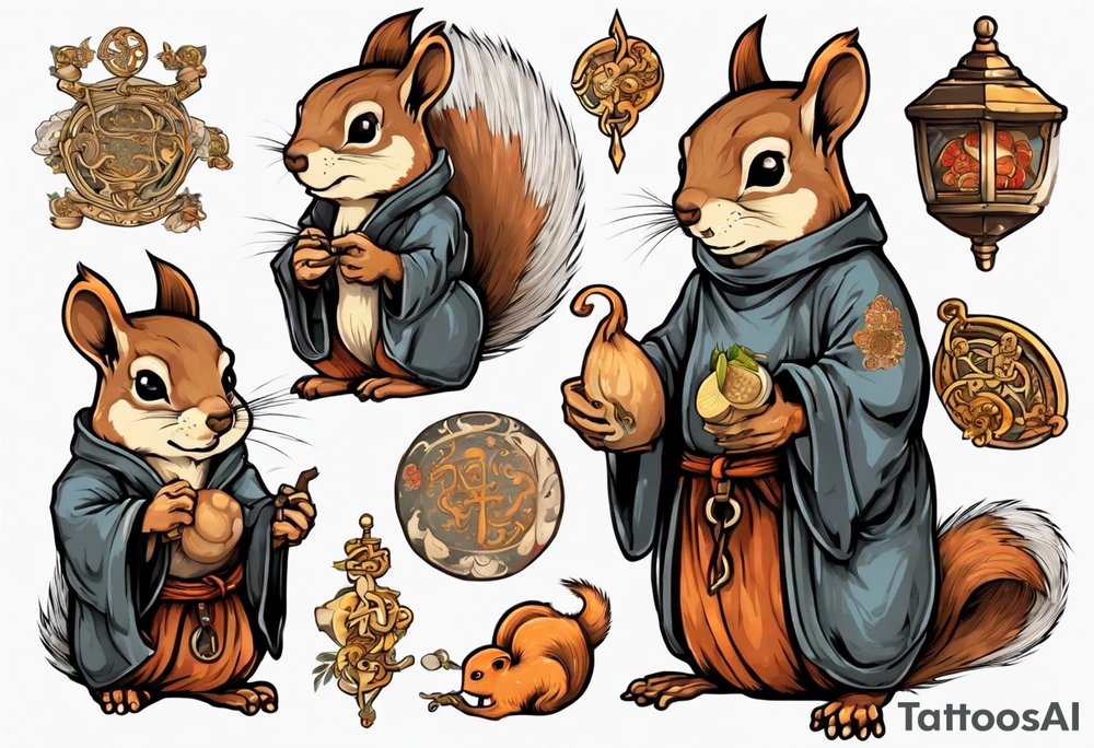 a squirrel dressed as a medieval monk tattoo idea