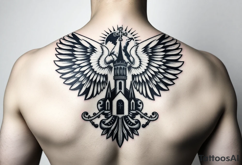 an actual russian coat of arms with the eagles wings spanning out on my back neck across my shoulders / traps with a orthodox christian church being visible in a mountainous sun beaming setting, with the russian orthodox cross spire of the orthodox church being visible on my neck with a sun beaming in the background that the cross sits inside tattoo idea