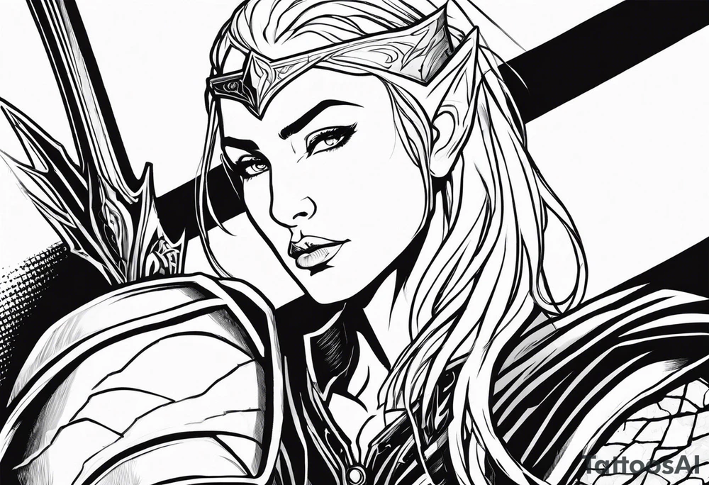 Sketch a 3/4 profile of an androgynous elven warrior with a majestic, epic, and heroic facial appearance and short hair in a fantasy comic book style. Sketch only in simple, clean contour lines. Sketch with dynamic movement rendered only in thick outer lines of black ink, with only outer strokes and contours. The genderless elf's face has a serious, resolute expression, and the figure holds an ornate sword in his hand. Create a backdrop with the moon and mountains on the horizon forming the setting behind the character. The figure has narrow eyes, furrowed brows, and lips pressed into a thin, strong line, demonstrating unwavering determination framed by the silhouette of a royal crown of metal leaves. The elven features are defined by hard, defined cheekbones, an angled, defined forehead, a hard, strong jaw, and strong, pointed ears. Sketch only with outer contours in black ink; art should be high contrast black and white only. Sketch is just outer lines with black ink concept art style, developed for fantasy comic book characters tattoo idea