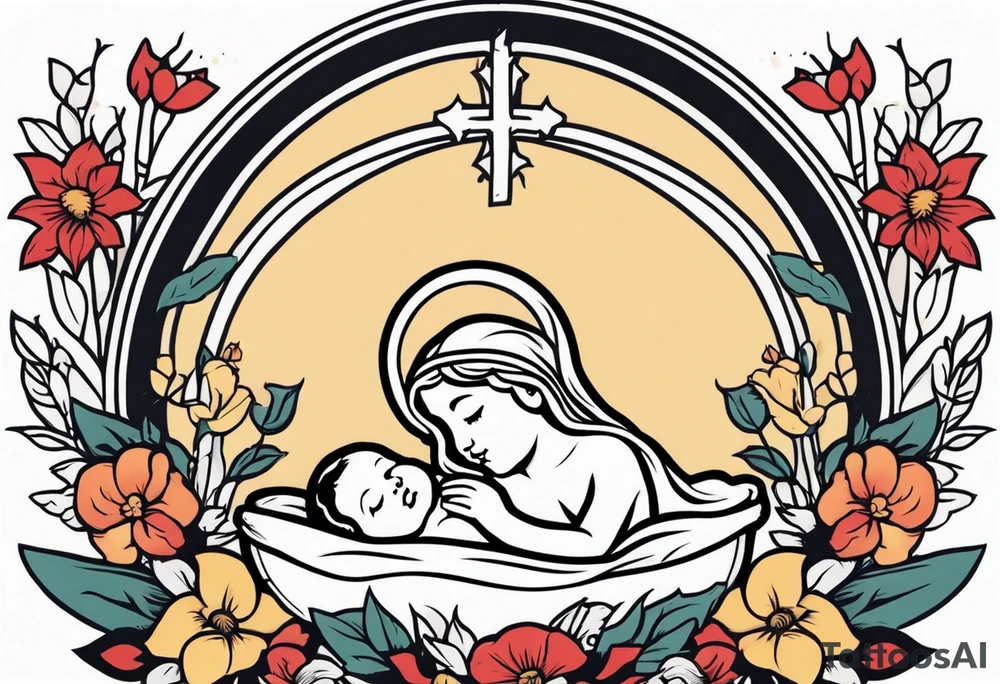 baby jesus in manger

old school vintage simple traditional design with vintage flowers surrounding it bold color simple tattoo idea