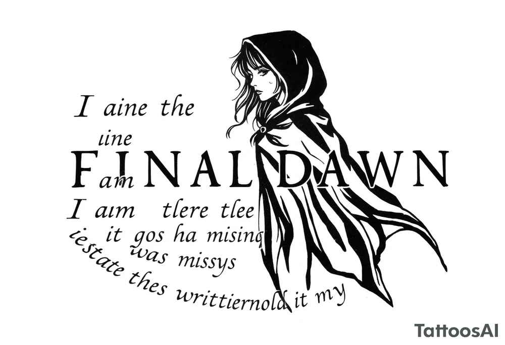 Gothic girl with a cape on in demi light circled around with these lyrics " I am the final dawn I am the flood and what was missing from those scriptures will be written in my blood" tattoo idea