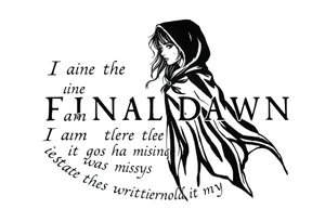Gothic girl with a cape on in demi light circled around with these lyrics " I am the final dawn I am the flood and what was missing from those scriptures will be written in my blood" tattoo idea