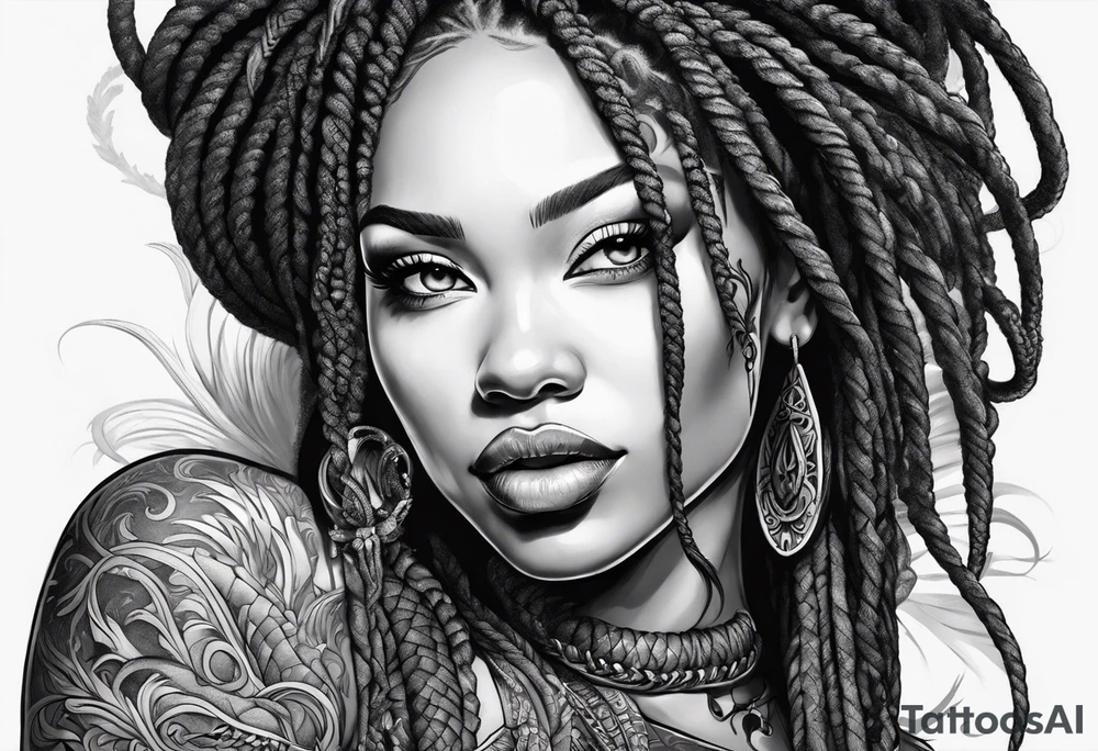 Woman with locs and red dragon in background tattoo idea