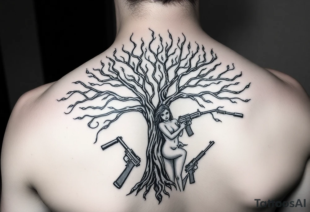 burning tree of life with firearms scattered and nude woman tattoo idea