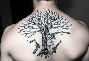 burning tree of life with firearms scattered and nude woman tattoo idea