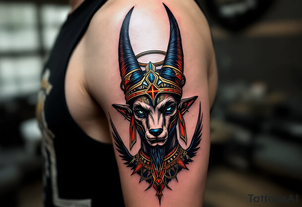 An Anubis with a Halo - Blending Egyptian mythology with Christian spirituality (only red , blue and black are possible colors) tattoo idea