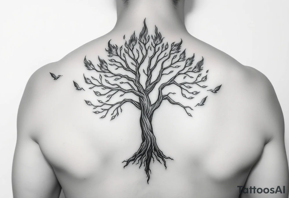 burning tree of life with firerms scattered ad ude woman tattoo idea