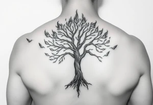burning tree of life with firerms scattered ad ude woman tattoo idea