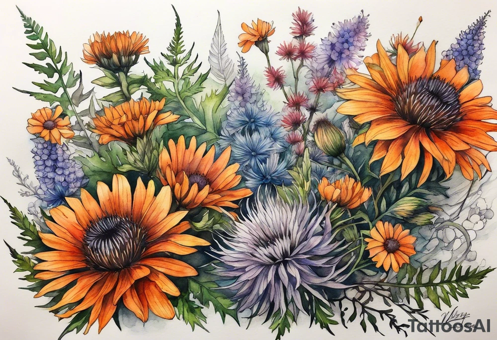 cascading mixed colored wildflowers with thistles, ferns, burnt orange flowers all in watercolor tattoo idea