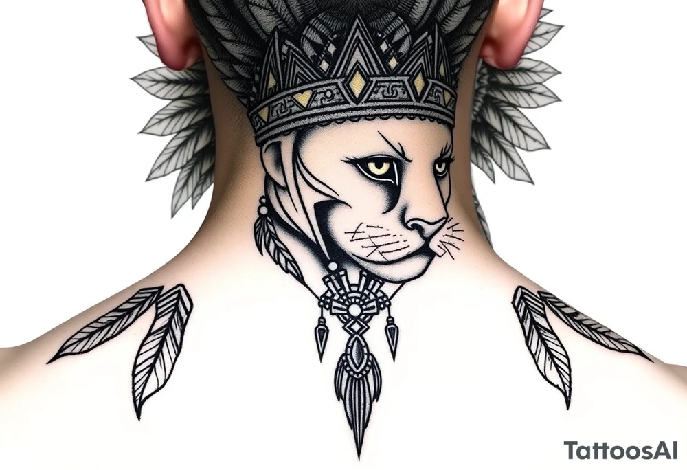 Aztec princess with panther headdress with gold accents tattoo idea