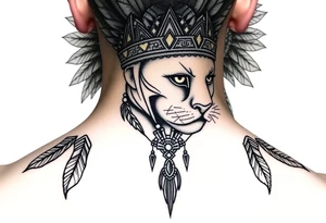 Aztec princess with panther headdress with gold accents tattoo idea