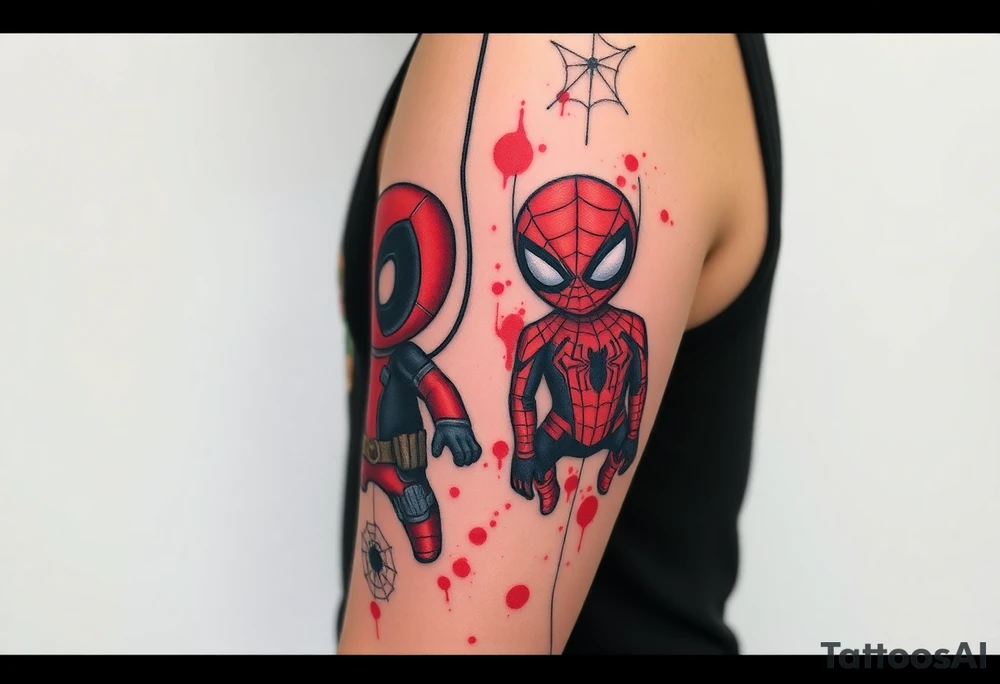 Project: Upper Arm Half-Sleeve Tattoo (Chibi Marvel Duo)
Placement: Upper Arm (Shoulder cap down to just above the elbow)
Reference Images: Chibi Deadpool (Image 1) and Chibi Spider-Man (Image 2)
Design Request & Layout:
* Please stack the characters dynamically to fit my upper arm. I'd like Deadpool positioned near the top/shoulder cap, and Spider-Man sitting near the bottom/above the elbow.
* Use the dangling spider and its web thread, along with loose, energetic construction lines, to transition between the two characters and wrap the design around the arm.
Art & Color Style:
* Linework: Please harmonize both characters into a singular, unified style—blending Deadpool's clean comic ink lines with Spider-Man's raw, cross-hatched sketchbook aesthetic.
* Color: The base of the tattoo should be gritty black-and-grey sketch shading. However, I want vibrant pops of red on their suits.
* The Splatter Effect: Instead of keeping the red cleanly inside the lines, please style the red color as a loose, dynamic watercolor/ink splatter effect that bursts out past their outlines and fades into the negative skin space. tattoo idea