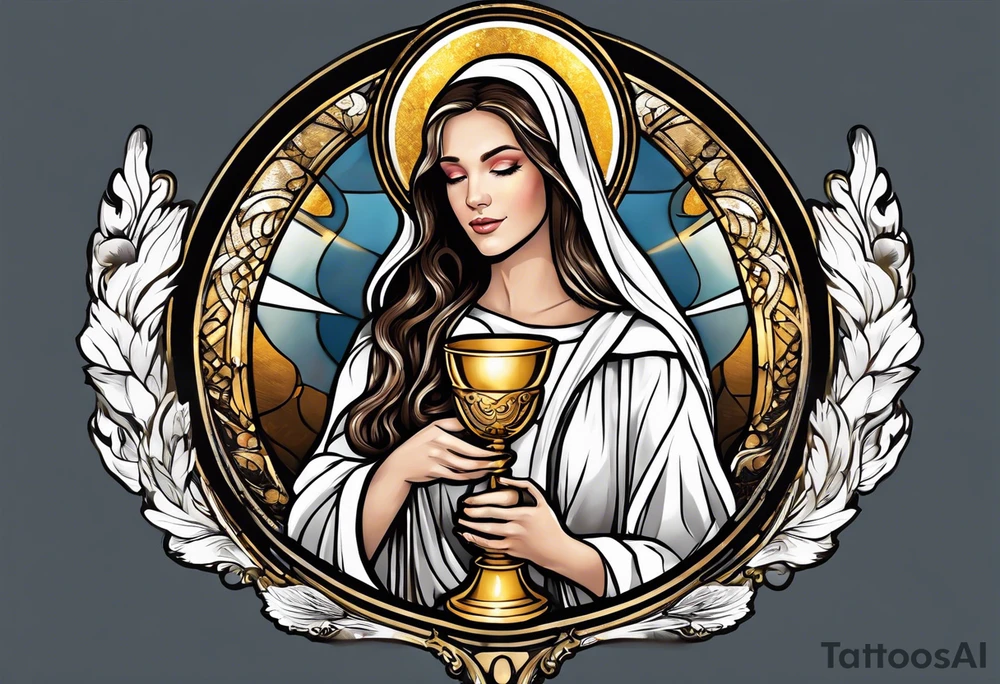 woman saint holding chalice surrounded by golden halo portrait tattoo idea