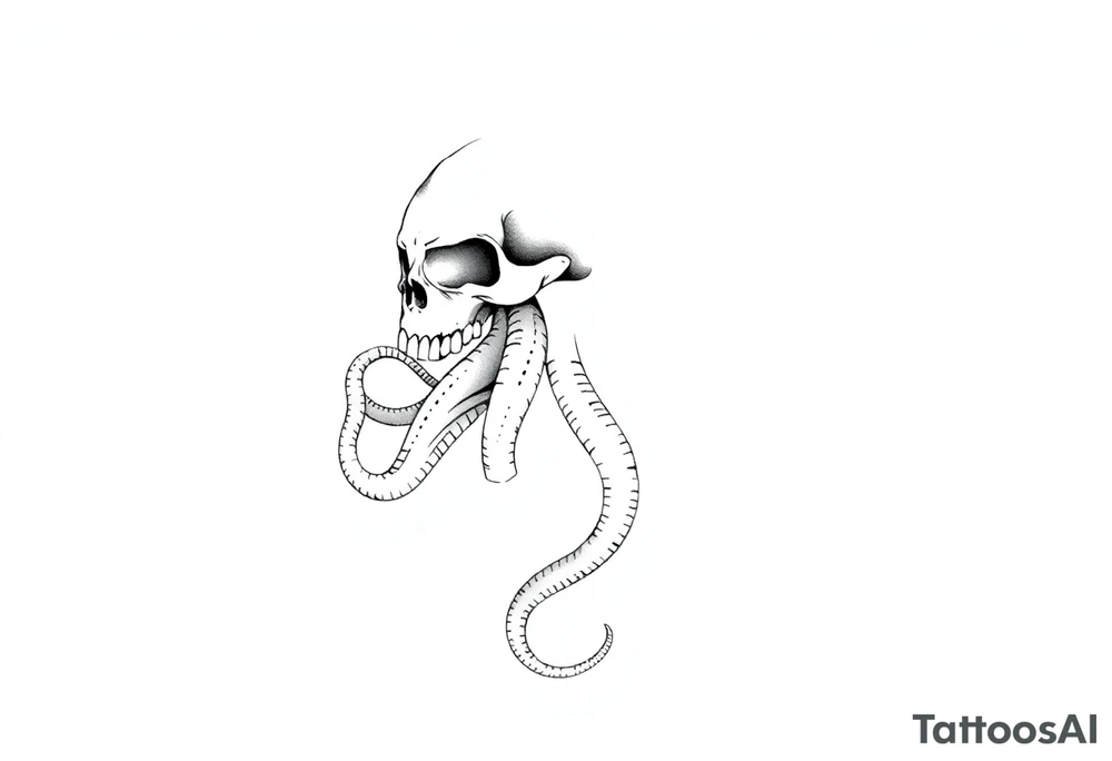 A minimalist blackwork tattoo design of a kraken with a skull fused into its head. The kraken is viewed from a 45-degree angle facing left, with its head centered and occupying 90% of the height of the head portion of the design. The tentacles extend only to the left and right, with none going downward beneath the head. The tattoo is designed to flow from the inner bicep into the forearm, creating a balanced and dynamic composition. The style is clean, fine-line detailing with bold outlines, avoiding heavy shading. The tentacles should be fluid, aggressive, and striking, enhancing the menacing and eerie look of the kraken while maintaining a cohesive design for a tattoo sleeve. tattoo idea