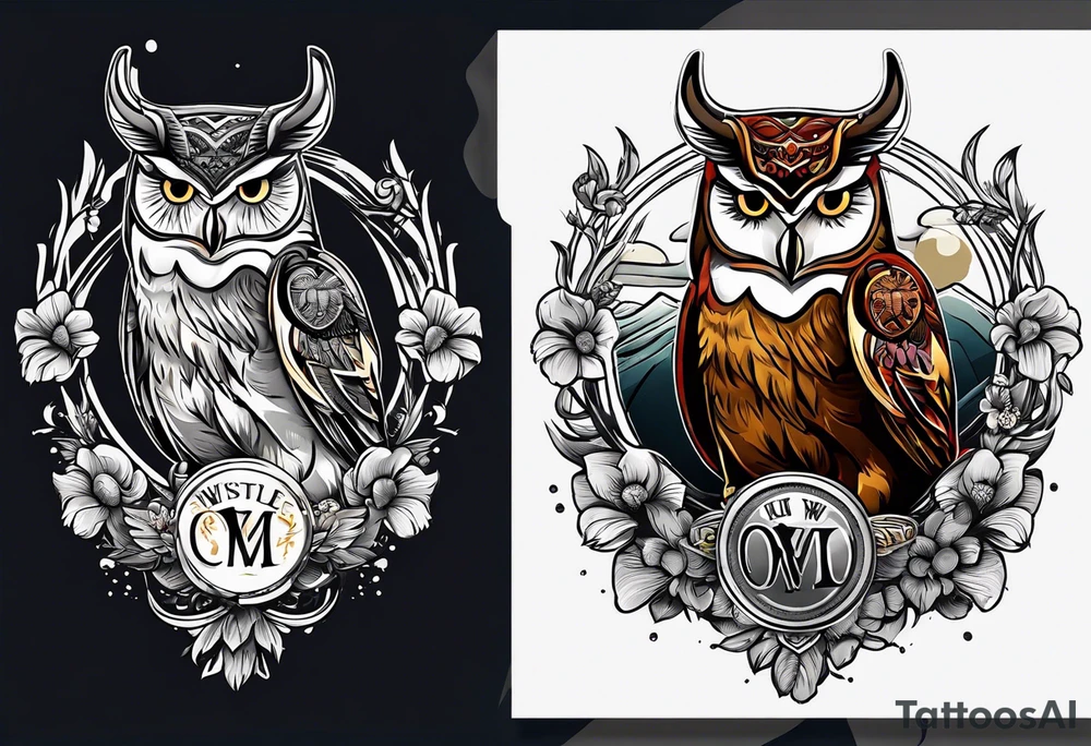 a cow and an owl at wrestle mania tattoo idea