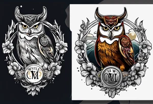 a cow and an owl at wrestle mania tattoo idea