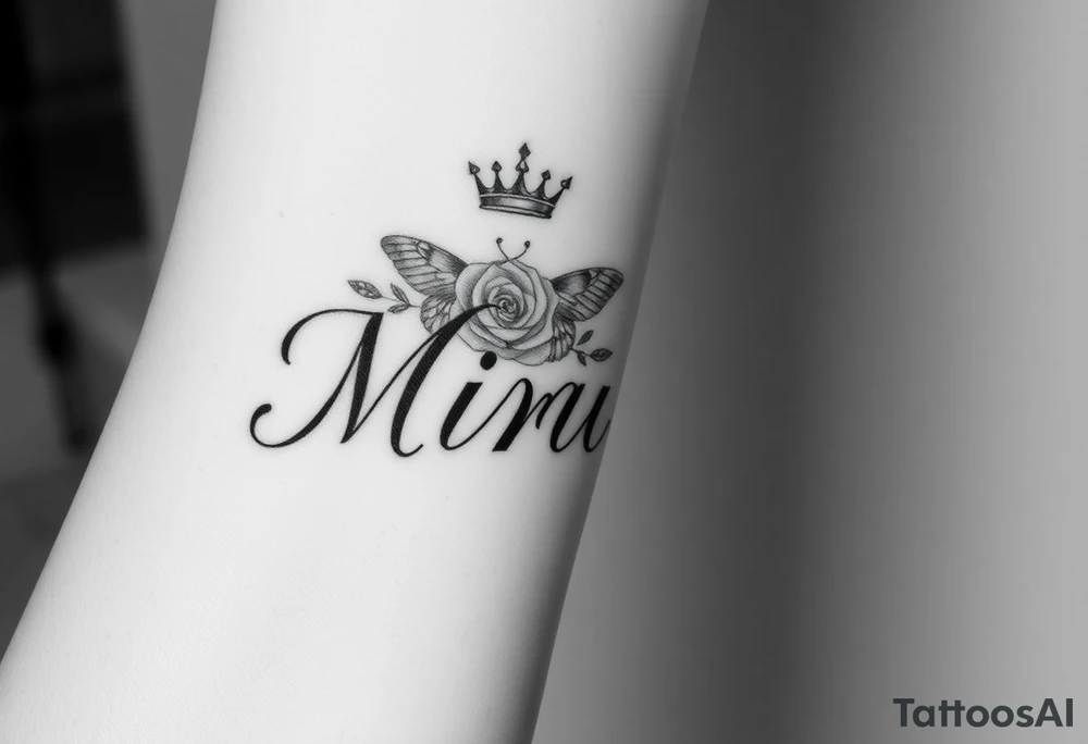Name tattoo that’s says Miriam with a rose, crown, and butterfly for forearm tattoo idea