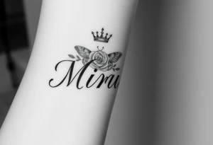 Name tattoo that’s says Miriam with a rose, crown, and butterfly for forearm tattoo idea