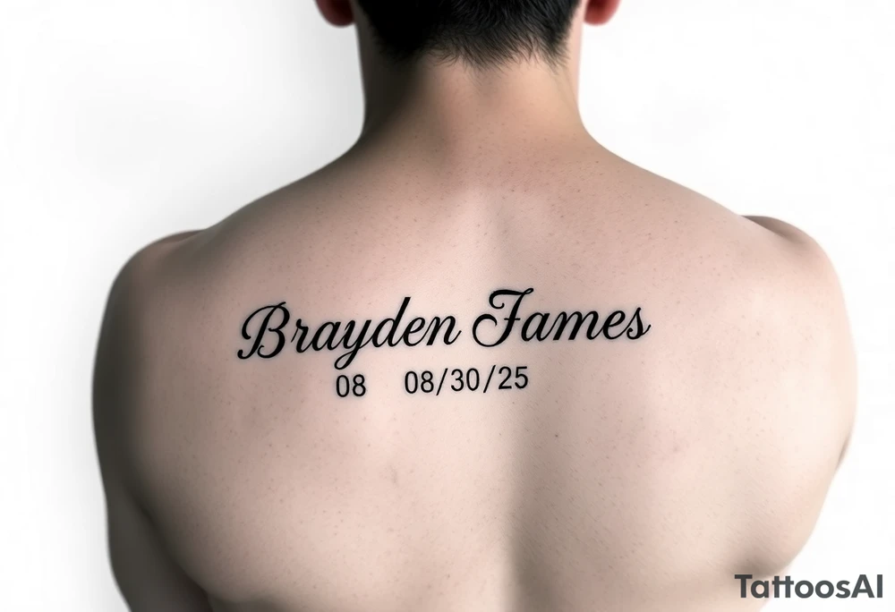 Brayden James name tattoo on forearm with dob 08/30/25 mother son dedicated female tattoo idea