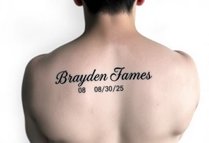 Brayden James name tattoo on forearm with dob 08/30/25 mother son dedicated female tattoo idea
