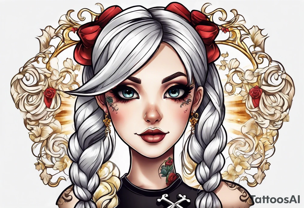 Skull and cross bones with blonde pigtails tattoo idea