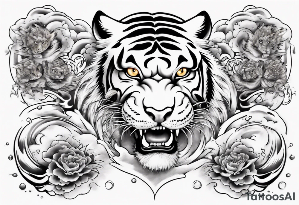Tiger sleeve tattoo with lightning and the sun tattoo idea