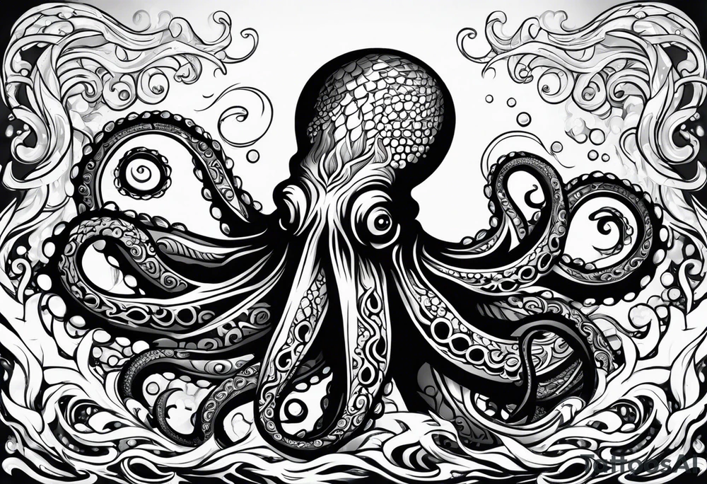 Tribal half sleeve. octopus surrounded by ribbons of water waves filled with fish. the octopus has no eyes. Use thick lines only with less detail. tattoo idea