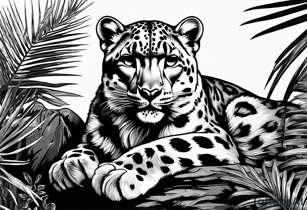 snow leopard laying on palm tree tattoo idea