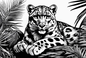 snow leopard laying on palm tree tattoo idea