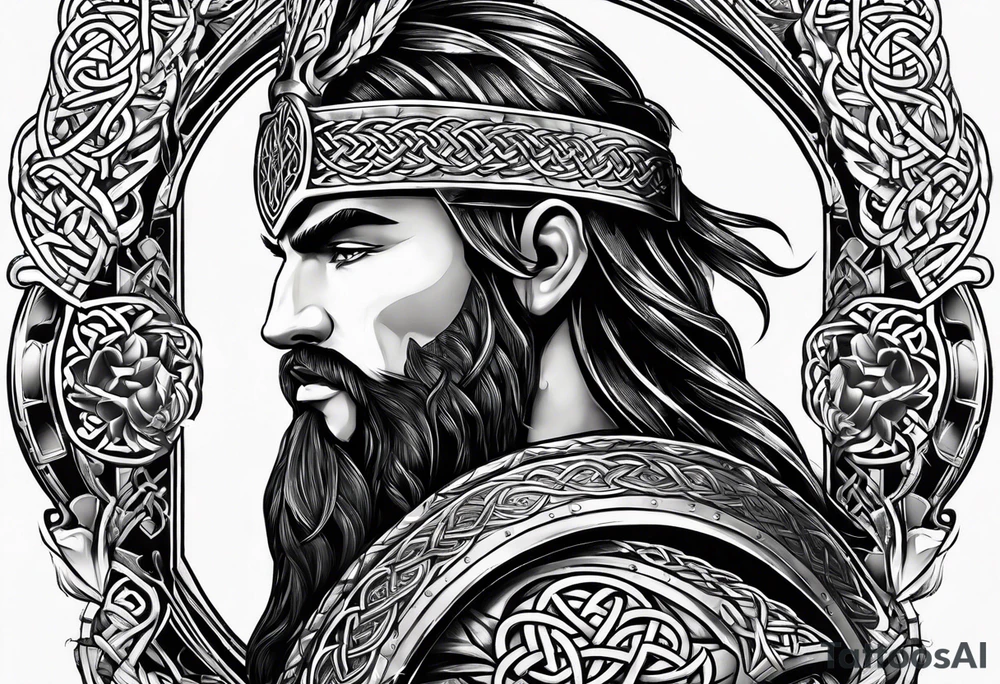 Side profile full body of Celtic warrior with weapons unsheathed tattoo idea