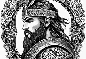 Side profile full body of Celtic warrior with weapons unsheathed tattoo idea