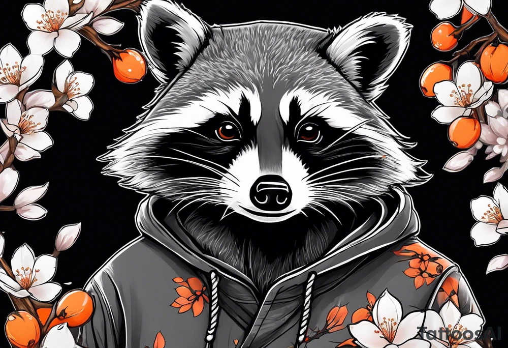 Raccoon wearing a white Superman logo on a black hoodie and orange Japanese cherry blossoms tattoo idea