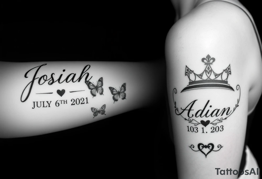 Feminine womens tatto that starts as sleeve and goes down to ankle and in tattoo the names JOSIAH in cursive written with the date July 6th 2021 in roman numerals AND NEXT TO NAME A PRINCE CROWN and butterfly's and the cancer zodiac number in between with the capricorn sing in between and hearts and the next part lower part of tatto the name ADIAN WITH THE DATE March 10th 2023 IN ROMEN NUMERALS WITH A SMALLER PRINCE CROWN THEN THE JOSIAHS CROWN AND THEN LITTLE BUTTERFLYS WITH THE PACIES ZODIAC SING IN AND THE CAPRICORN ZODIAC SIGN BOTH SMALL AND IN BETWEEN THE BUTYERFLYS AND HEARTS MAKE IT MIX TOGTHER DO THE SAME WITH THE CANCER AND CPROCORN SIGN ABOVE tattoo idea