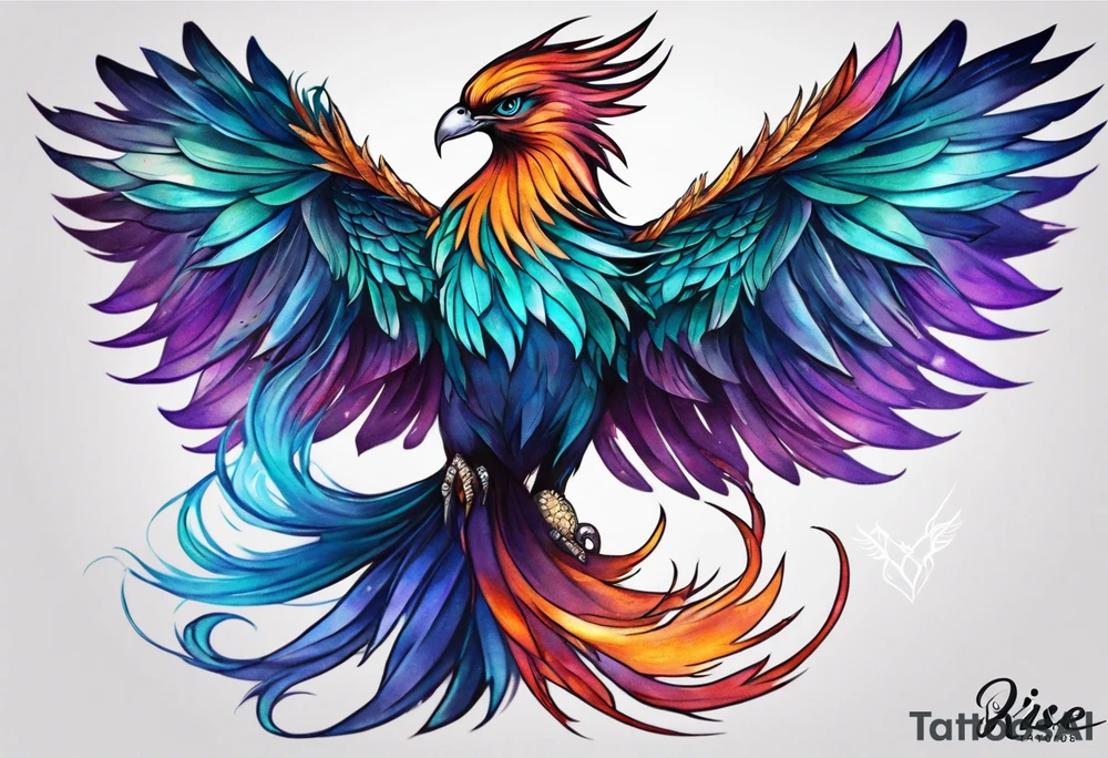 Phoenix on hip down into thigh with feathers that have teal purple and blue from the Ashes I rise long tail featgers tattoo idea