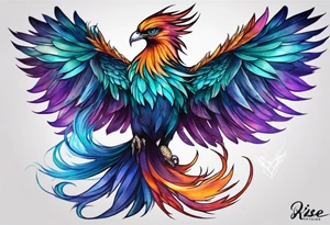 Phoenix on hip down into thigh with feathers that have teal purple and blue from the Ashes I rise long tail featgers tattoo idea