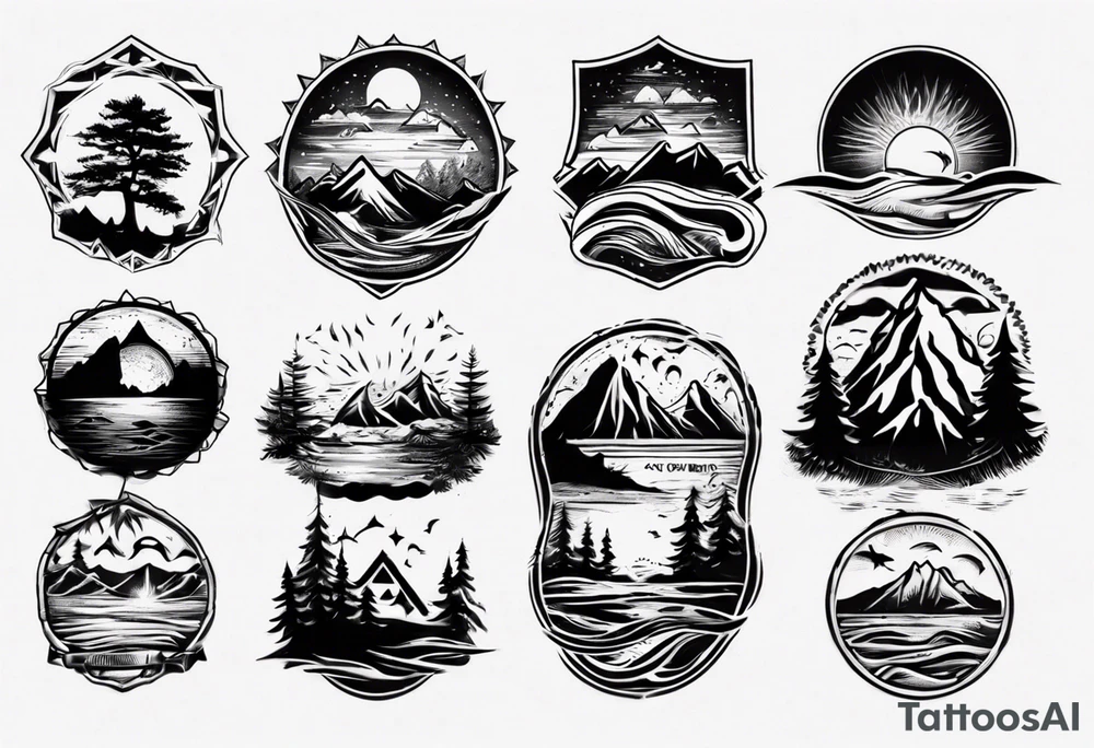 forearm tattoo with mountains, beach, waves, sunset, camping, trees tattoo idea
