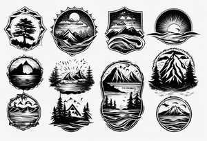 forearm tattoo with mountains, beach, waves, sunset, camping, trees tattoo idea