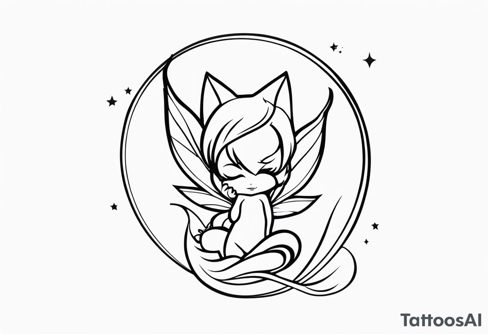 A fairy with a tail inspired by the logo of the show called Fairy Tail in a fetal position leaning in tattoo idea