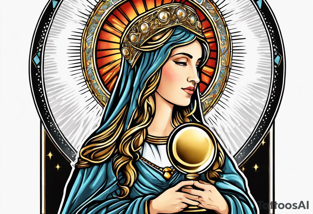 holy saint woman with golden halo holding a chalice tattoo idea