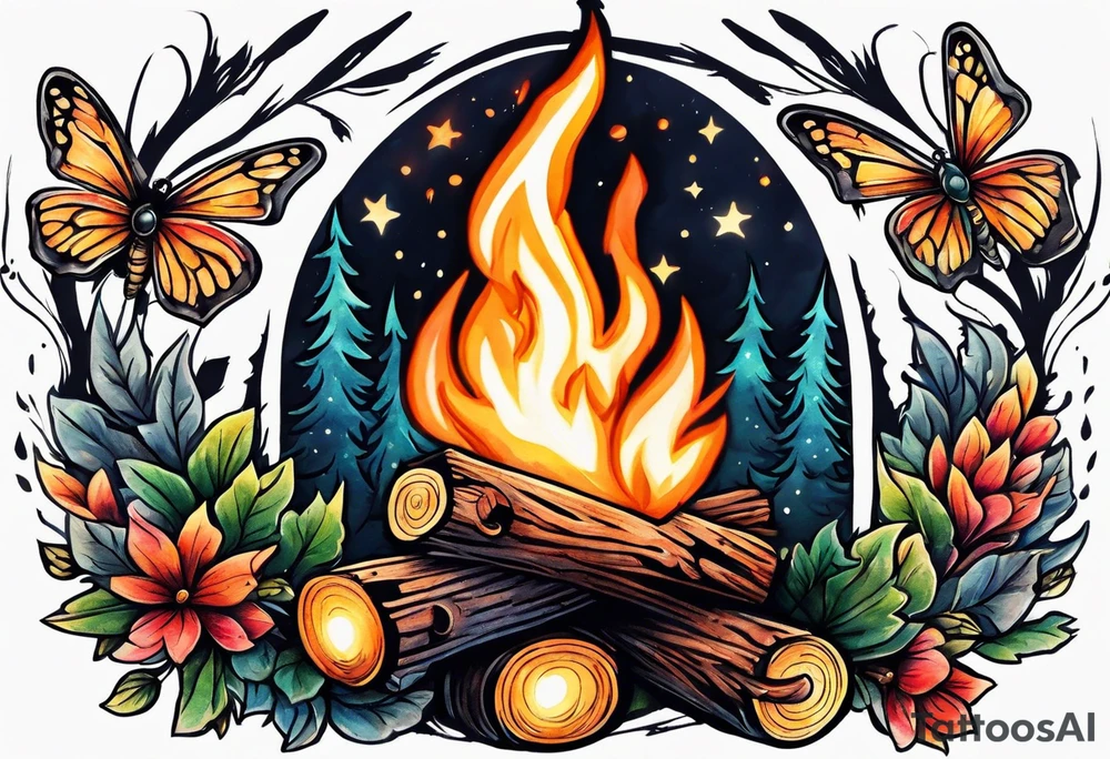 Campfire with small Moth flying above tattoo idea