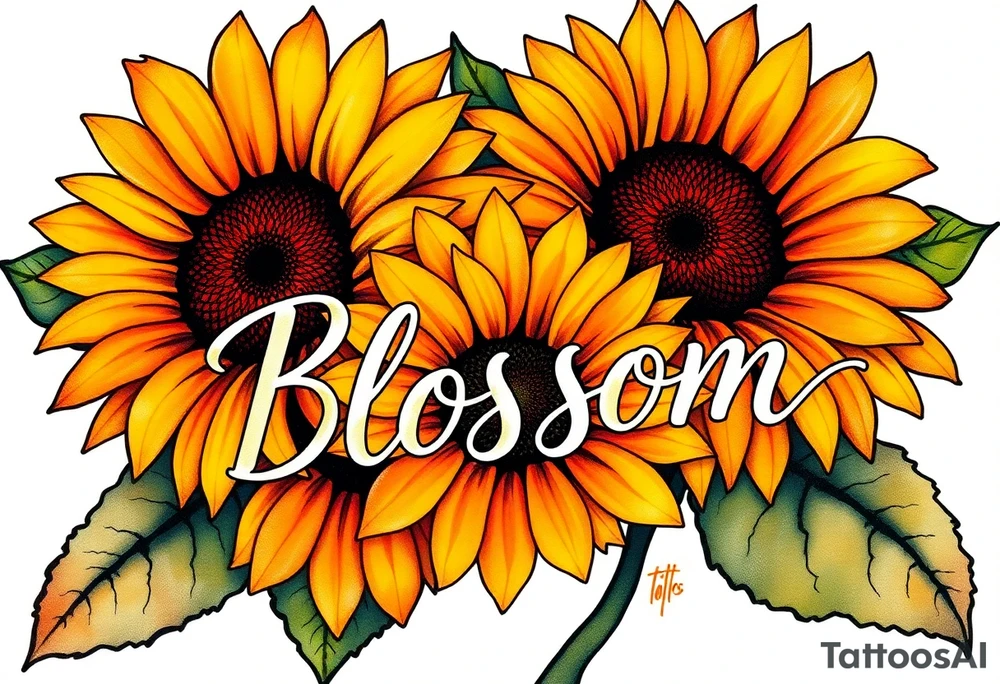 Sunflowers with “Blossom” written through it tattoo idea