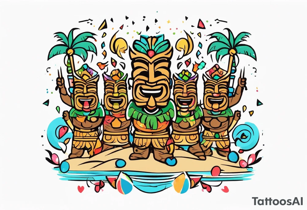 hulu tiki party with dancing tiki guys and sexy tiki girls on a beach with music notes and confetti around a blank space in the middle tattoo idea
