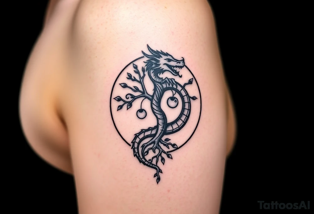 a dragon forming a circle with its body.  the dragon encircles the tree of life.   the tree of life has fruit  and the dragon is eating the fruit. the roots of the tree are strangling the tail of the dragon tattoo idea