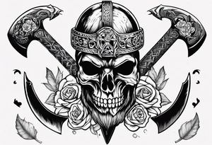 viking axe with crow and sugar skull tattoo idea