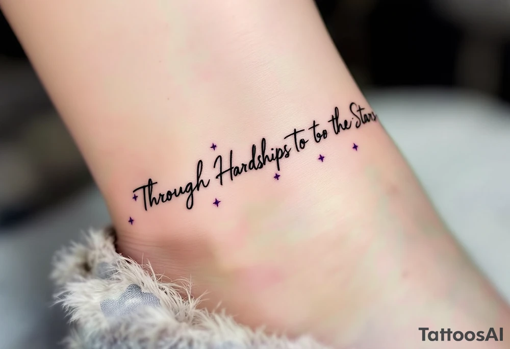 A simple black-ink tattoo wraps “Through Hardships To the Stars” around the ankle, with each word nestled between tiny violet stars. S tattoo idea