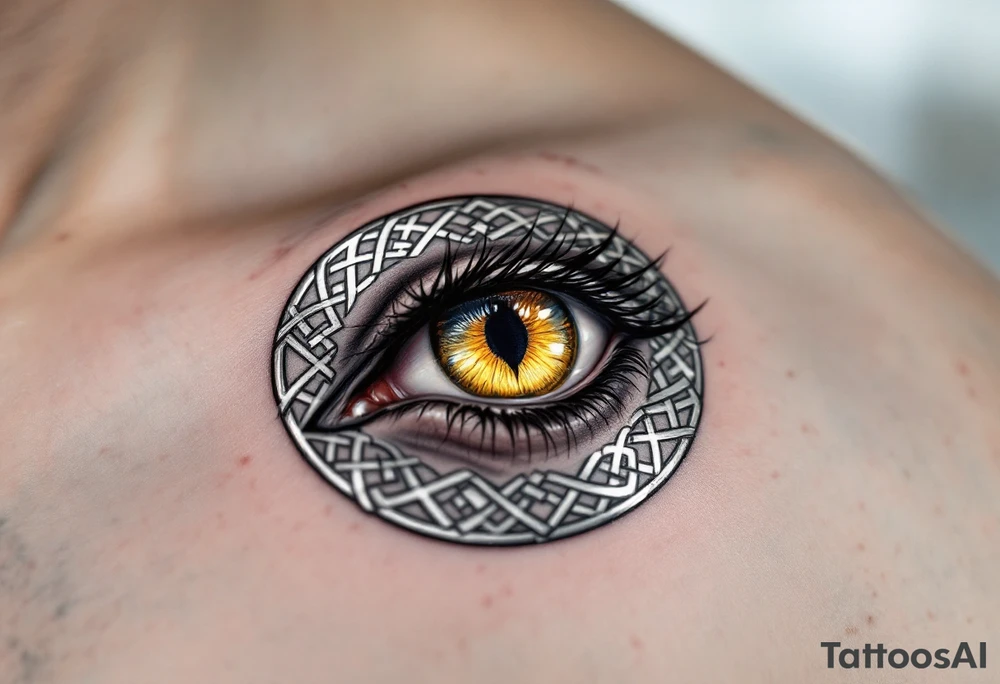 Celtic Wolf Eye Close-Up – A single wolf eye in golden yellow, surrounded by flowing silver Celtic lines forming protective runes. tattoo idea